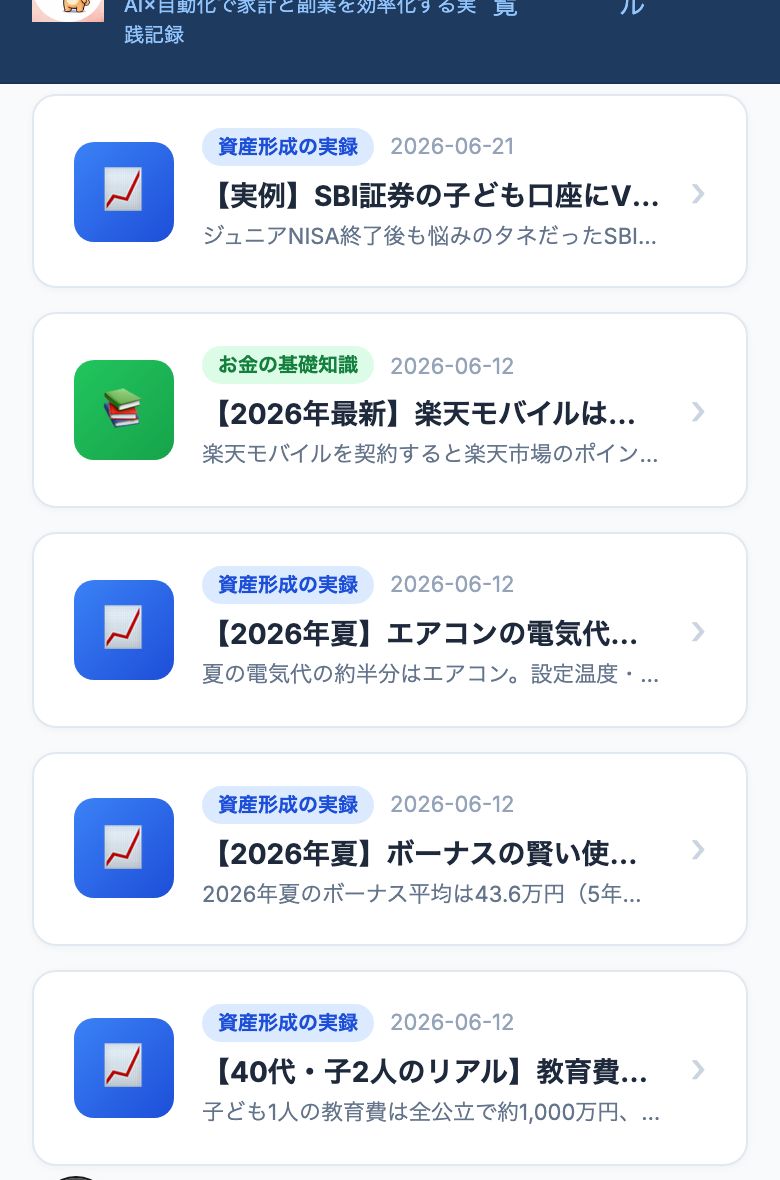 修正後：記事一覧が画面いっぱいに表示され、タイトルも説明文も読める